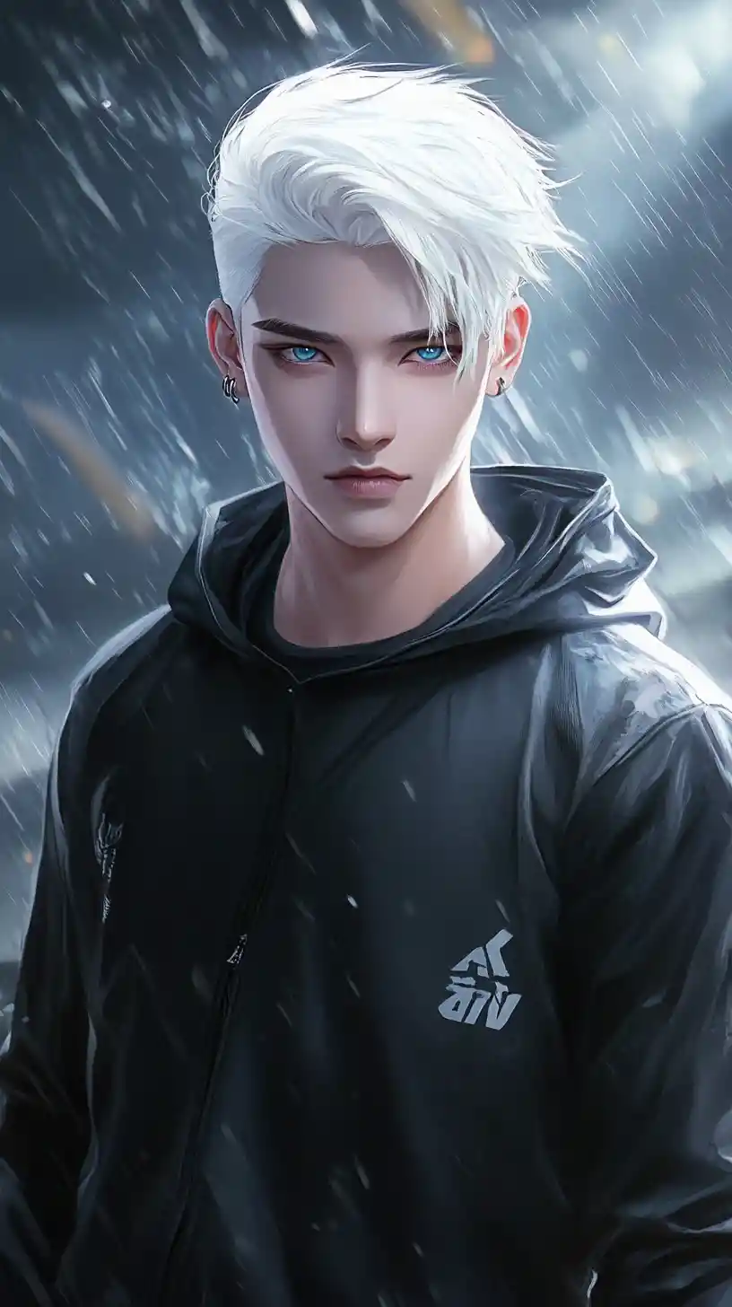 Homem de anime de cabelos brancos em retrato corporal completo ao ar livre tempestuoso