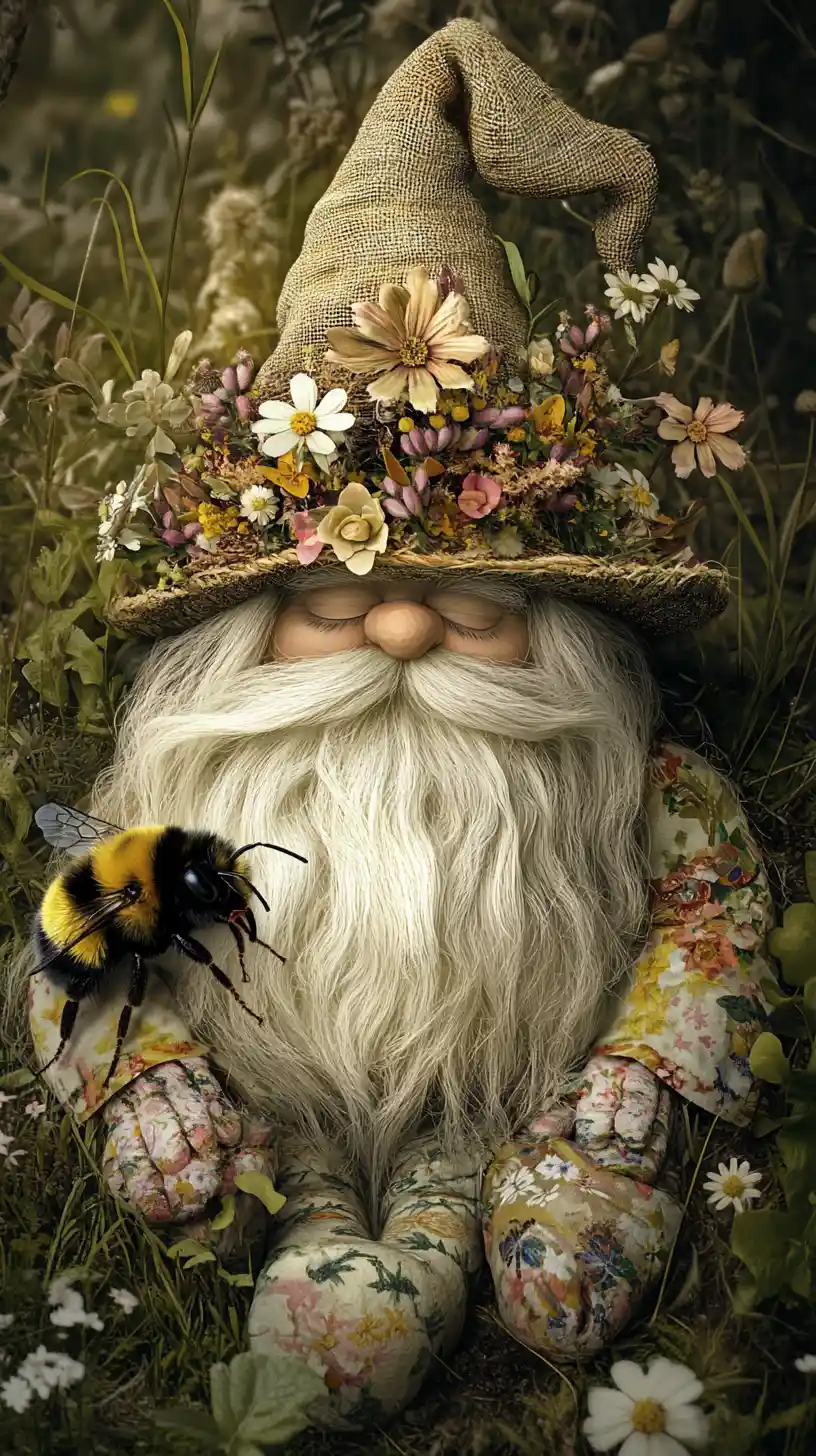 Whimsical garden gnome resting in grass with bumblebee