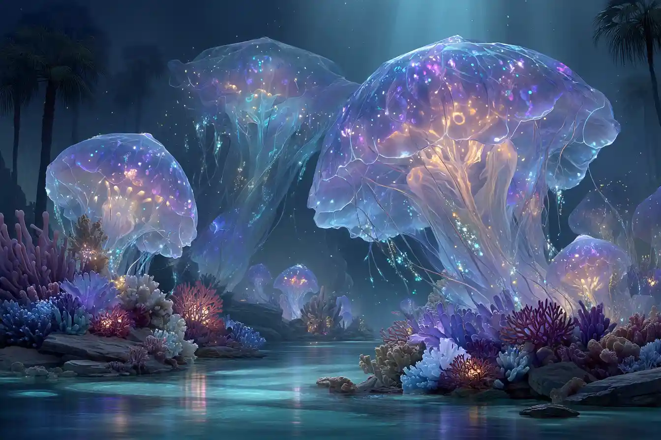 Underwater coral kingdom with glowing jellyfish at twilight
