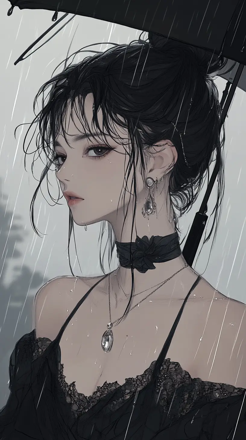 Chica con paraguas bajo la lluvia en suaves colores vectoriales