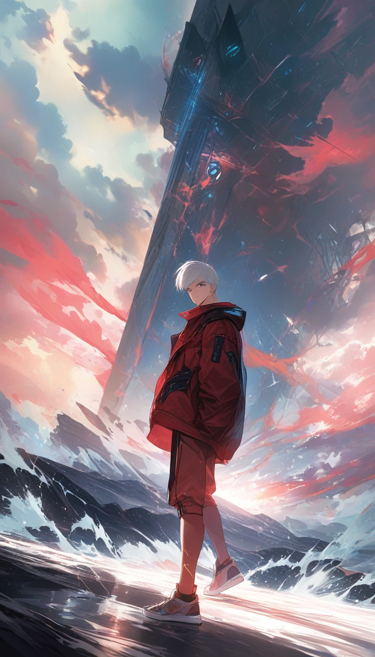 Hombre de anime de cabello blanco en escena exterior tormentosa