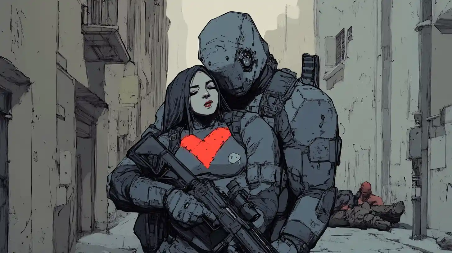 Dark vigilante comforting a crying woman on city street