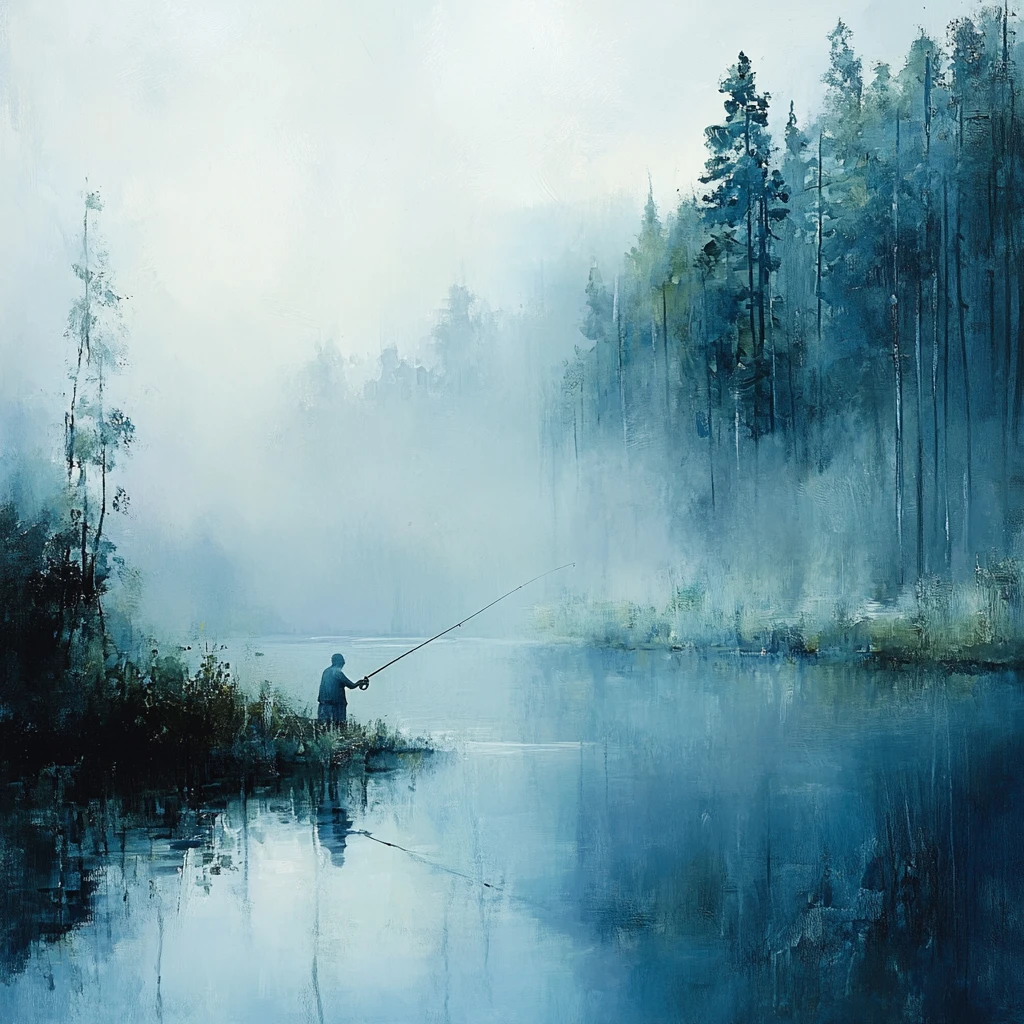 Hombre solitario pescando en un río tranquilo y neblinoso