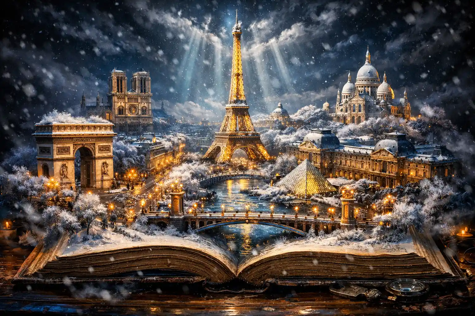 Paisagem urbana surreal de Paris surgindo de um antigo livro aberto