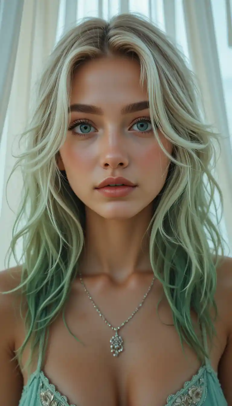 Smiling woman with green eyes and messy blonde emerald hair
