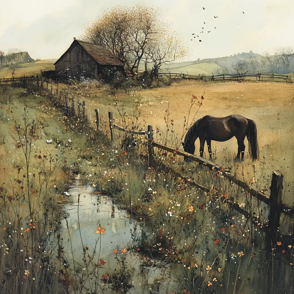 Solitary horse grazing in a quiet spring meadow