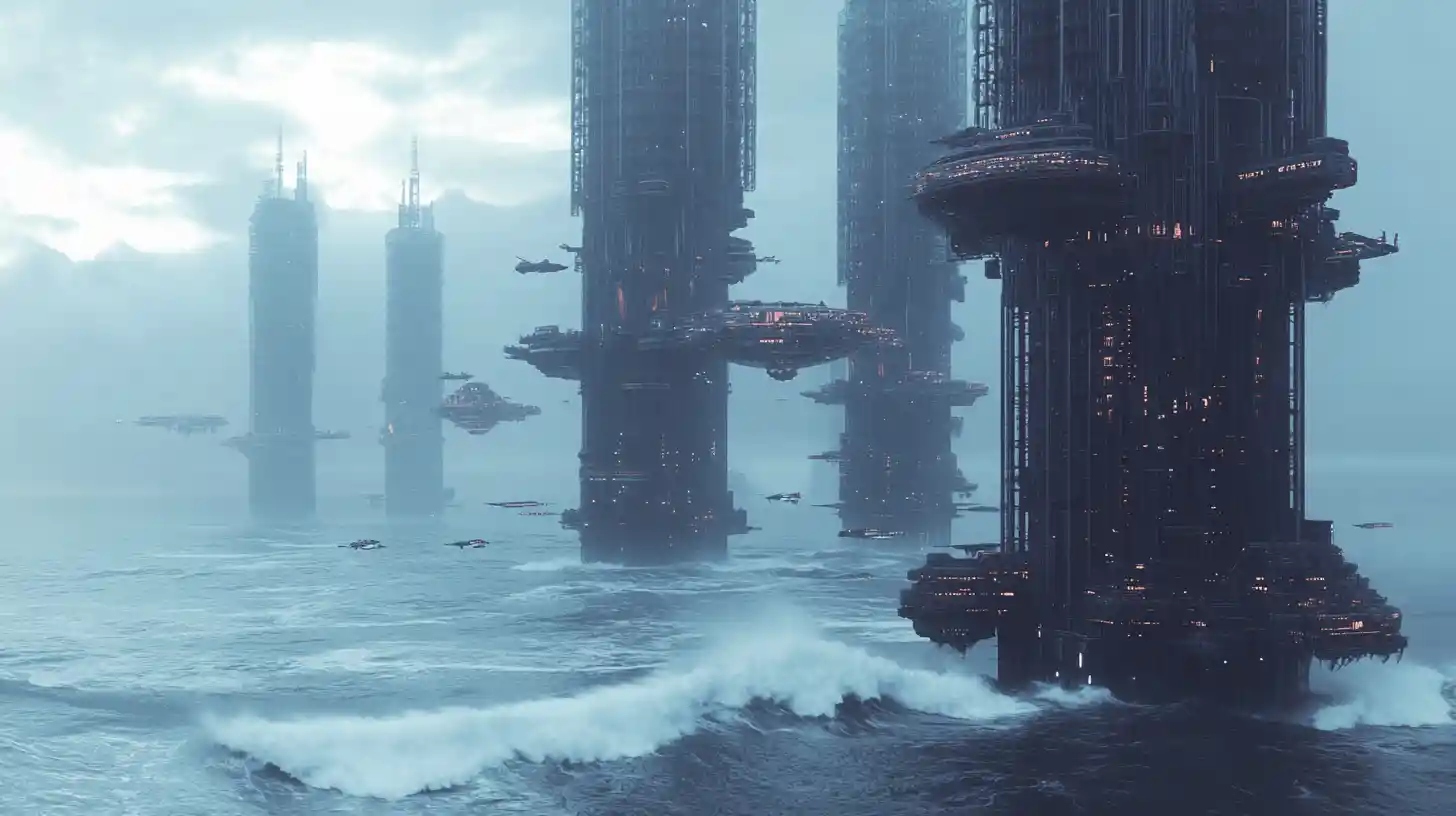 Vast futuristic ocean cities rising above a stormy water world