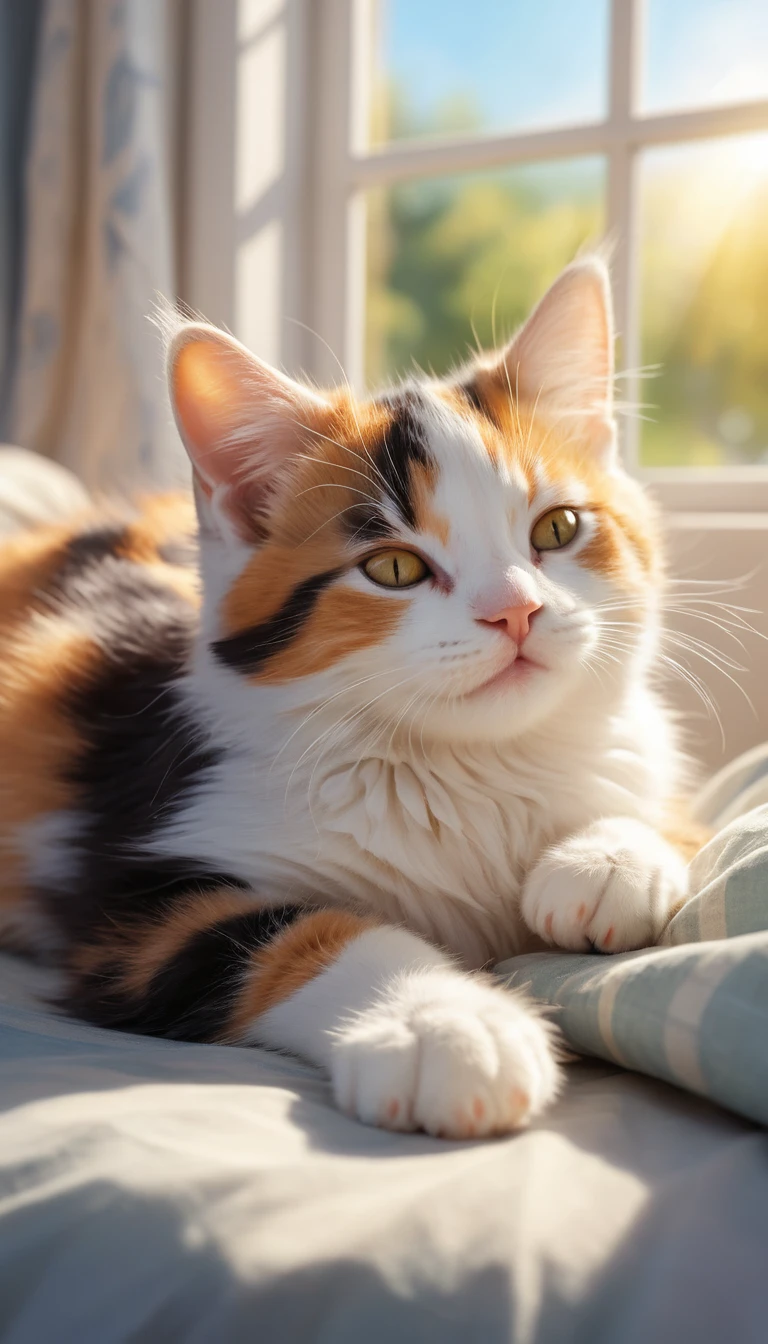 Gattino calico che dorme serenamente su un letto accogliente
