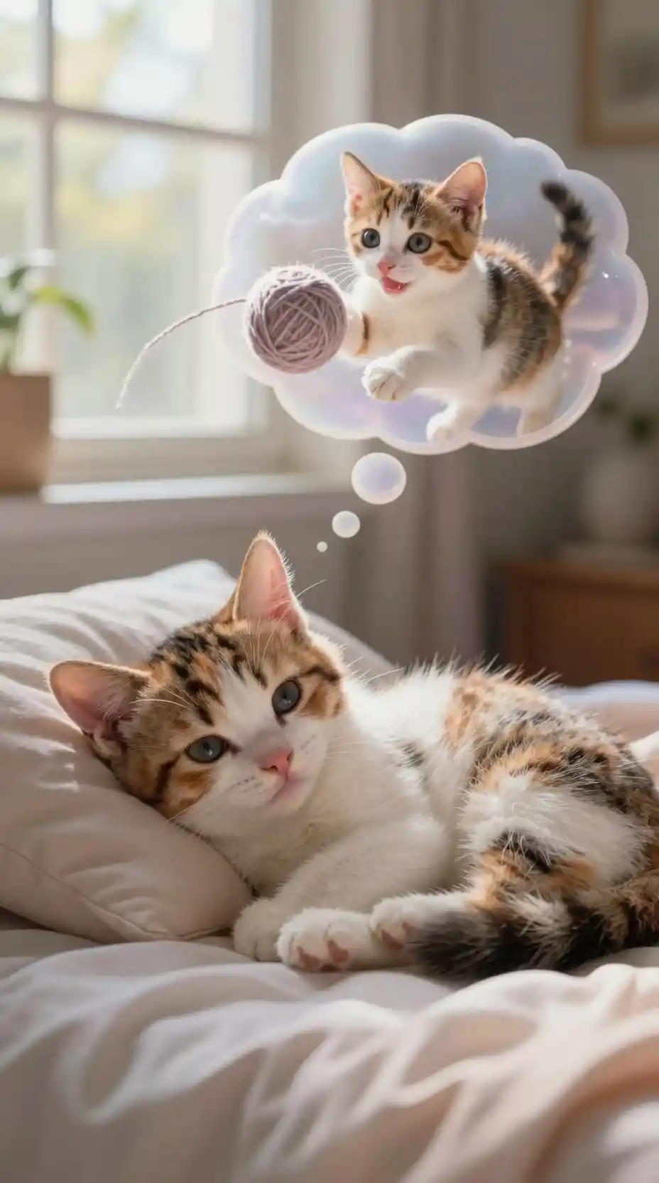 Calico kitten sleeping peacefully on a cozy bed