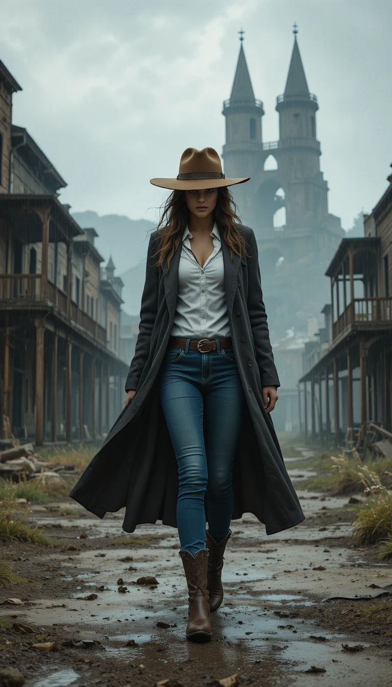 Lone cowgirl walking through a rainy abandoned western town