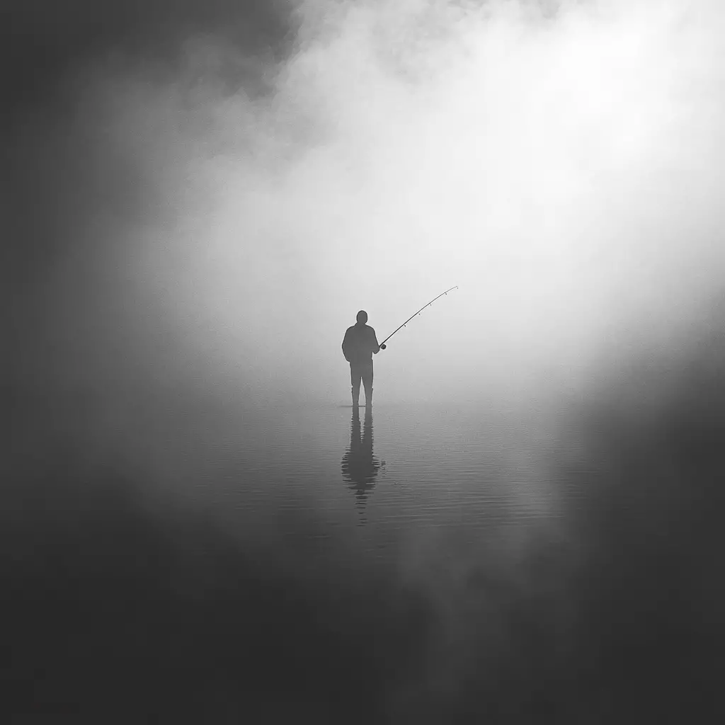 Surreal fisherman standing at the waters edge in mist