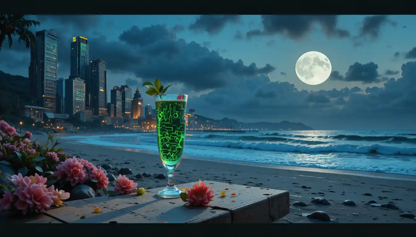 Futuristic 3D beach cocktails on a serene moonlit shore