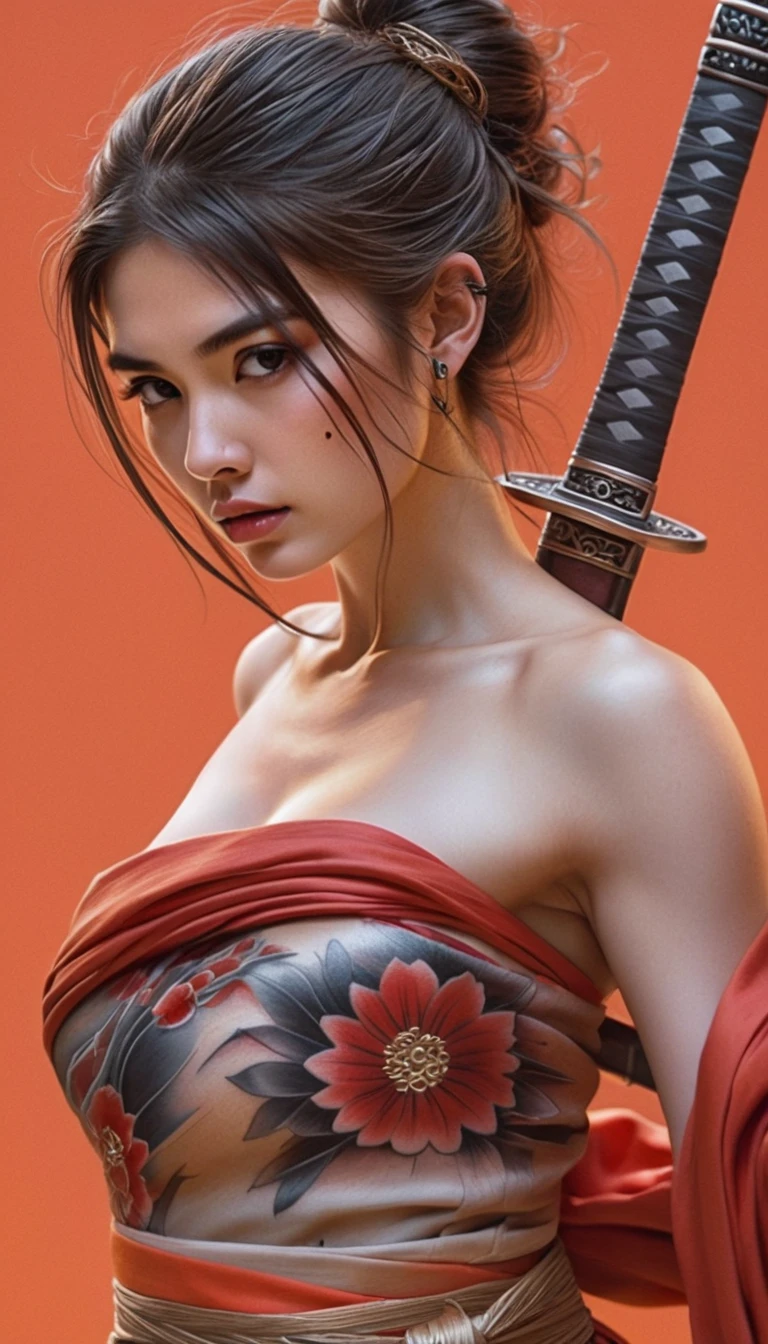 Tattooed kimono clad warrior woman with katana profile
