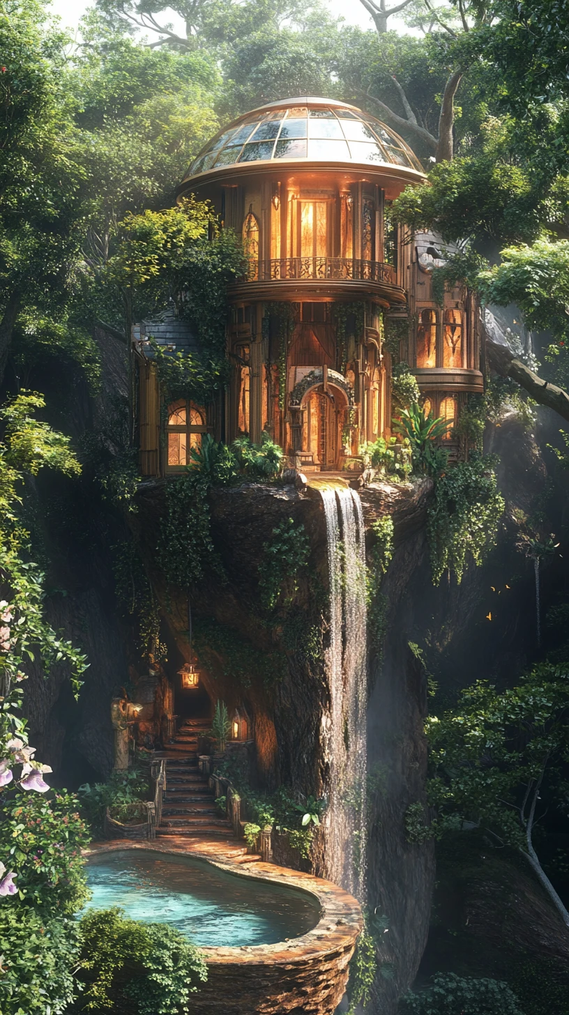 Verzaubertes Wald-Baumhaus mit Glas-Pool über der Klippe