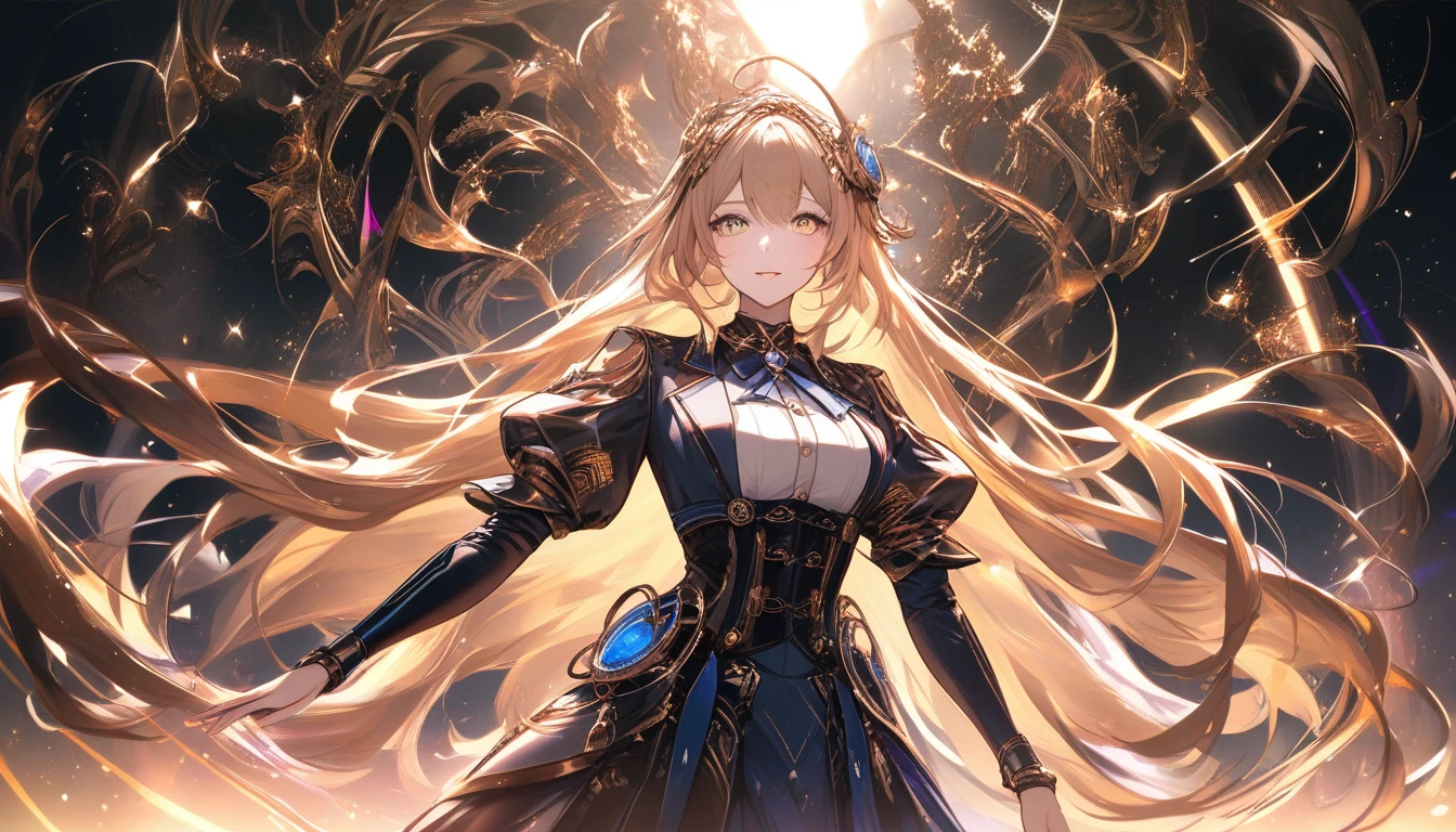 Héroïne d’anime majestueuse dans un vortex steampunk lumineux