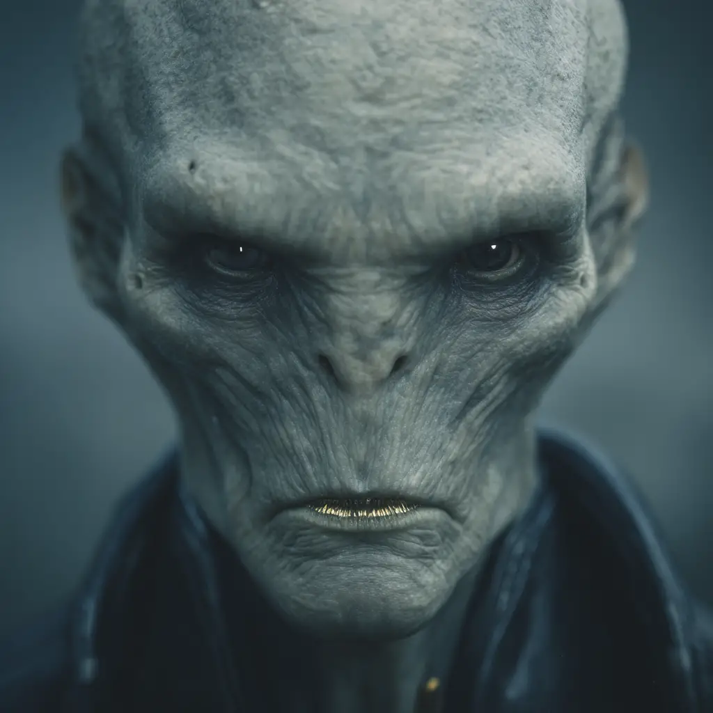 Menacing alien in black latex suit studio portrait