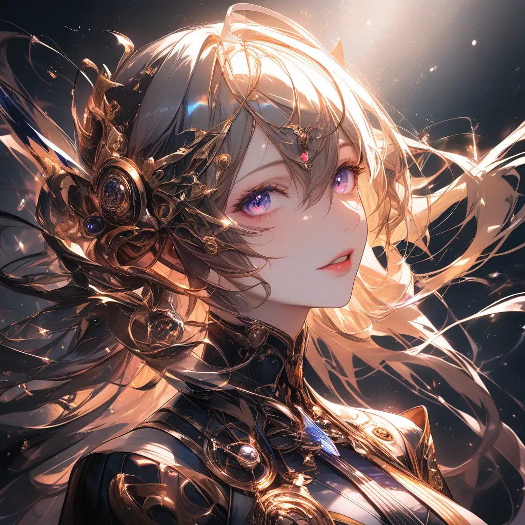 Eroina anime in un ritratto di vortice steampunk luminoso