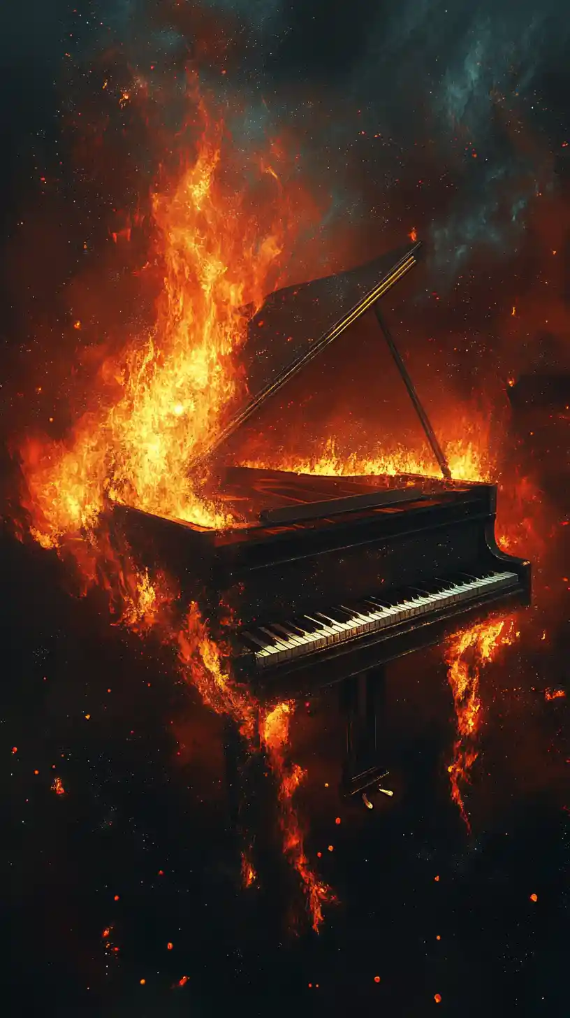 Grand piano rising from swirling flame and mist