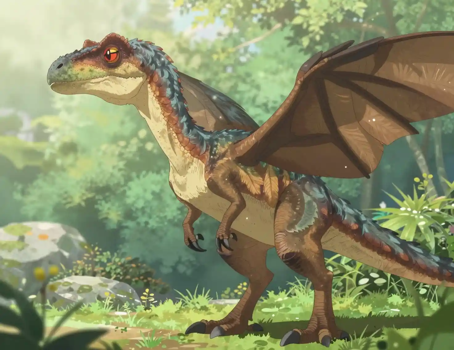 Serene feathered velociraptor portrait in soft anime style