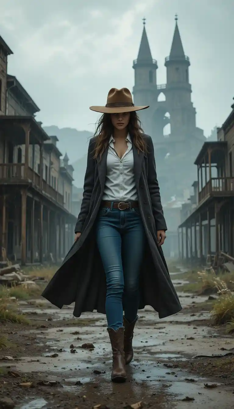 Lone cowgirl walking through a rainy abandoned western town