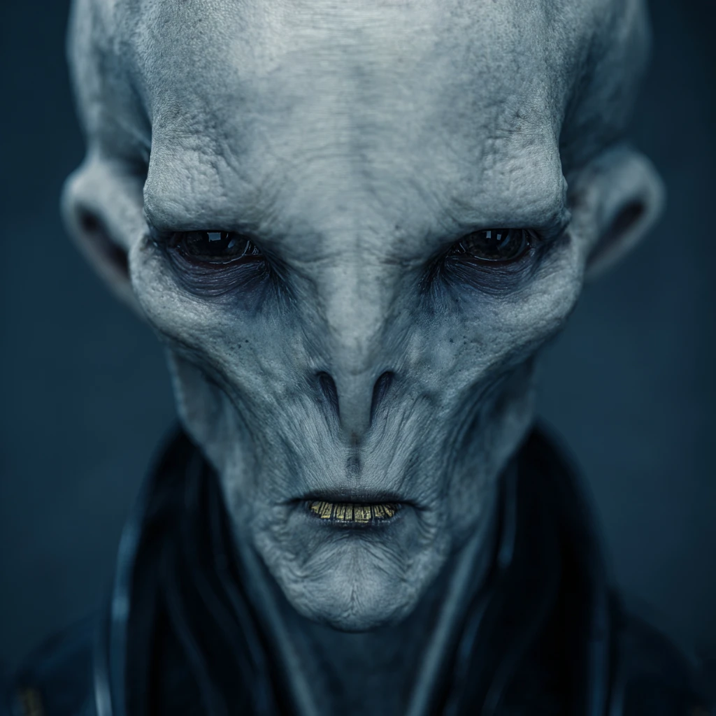 Humanoïde alien en combinaison de latex noire sur fond de studio bleu froid