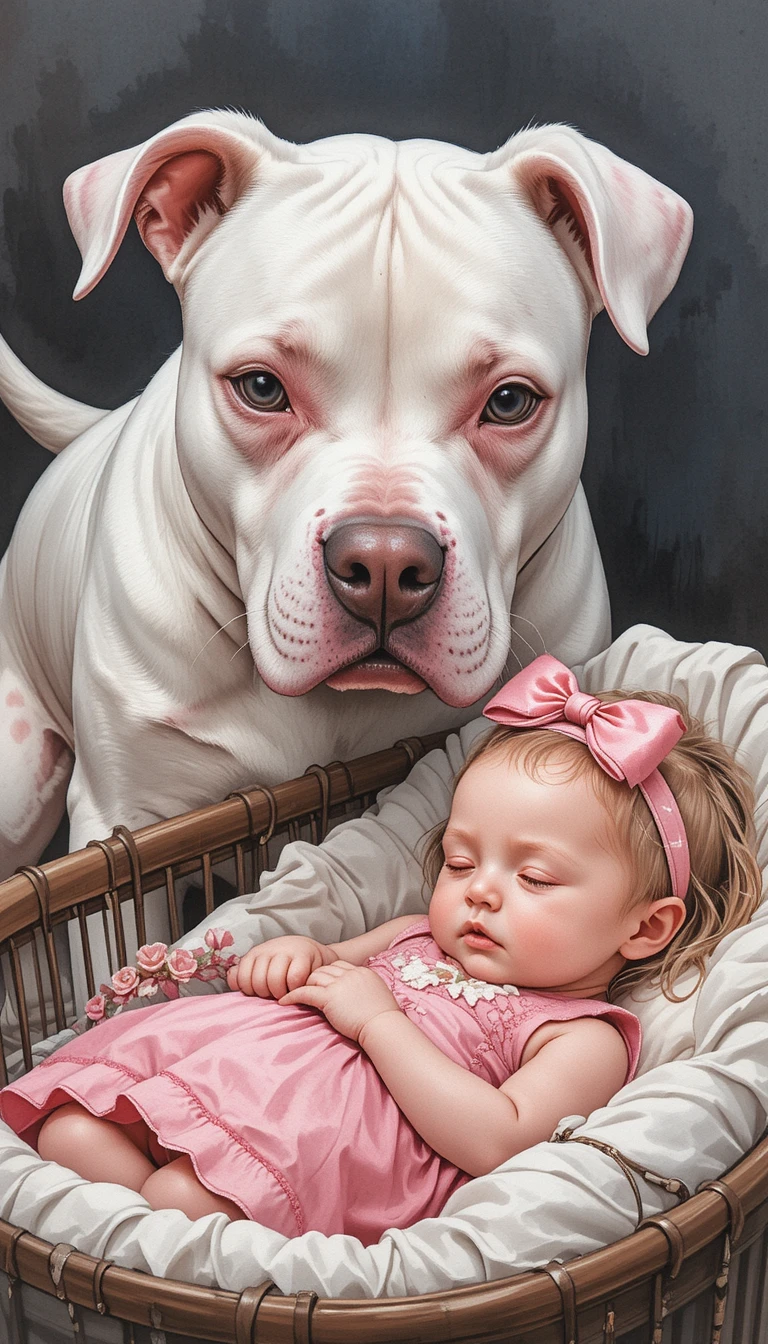 Albino-Pitbull bewacht schlafendes Baby-Mädchen in der Wiege