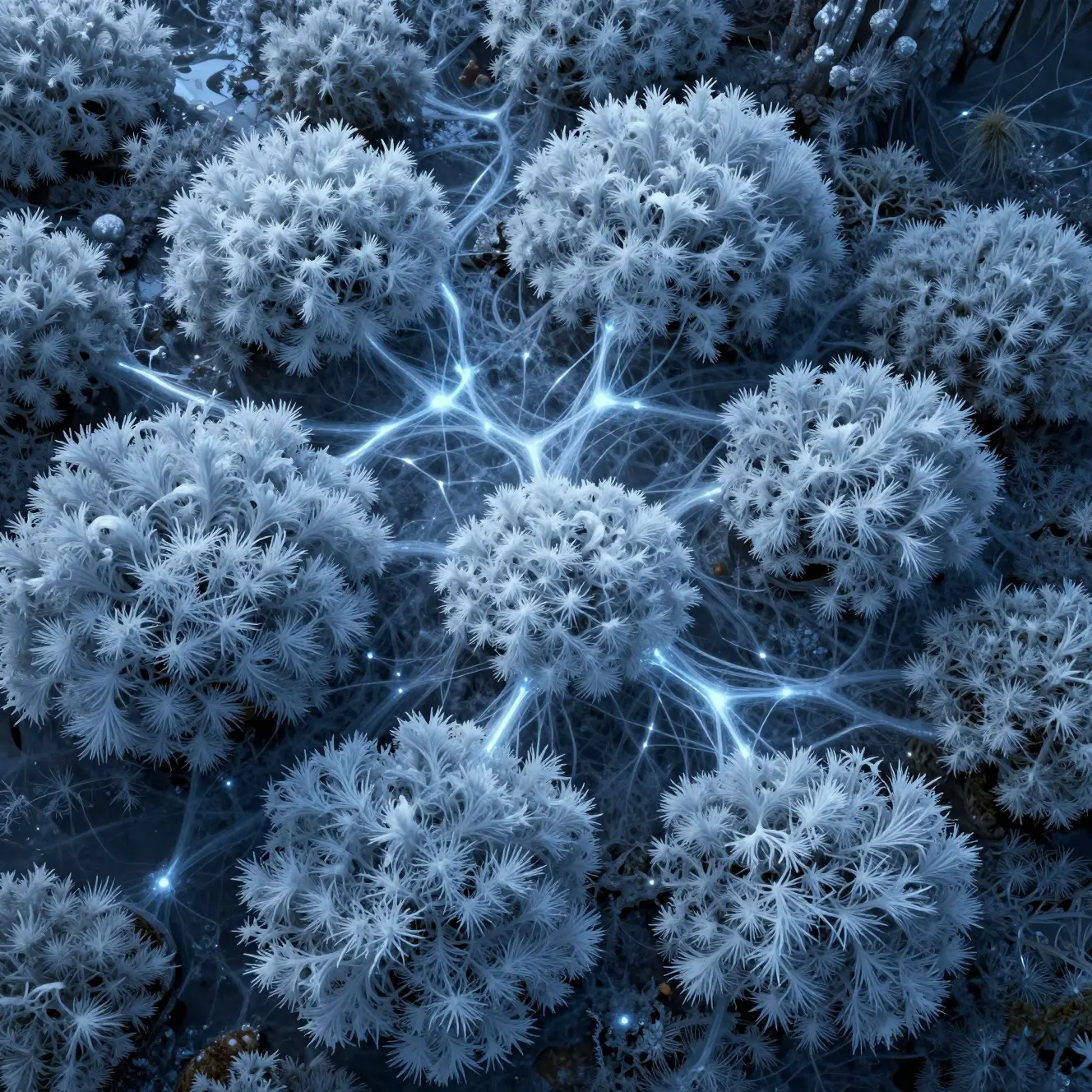 分岐する幾何学的な氷模様を形作る青く発光する苔