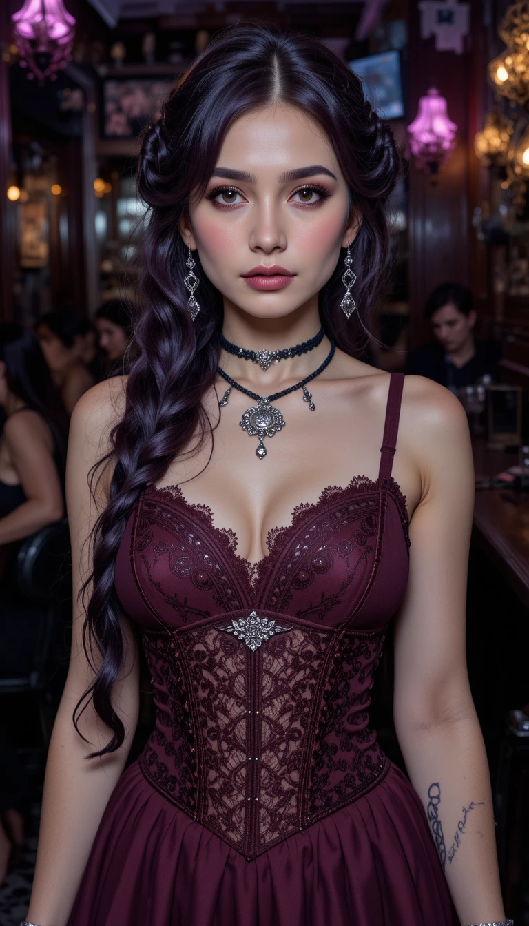 Gothic woman in burgundy dress inside a dim club