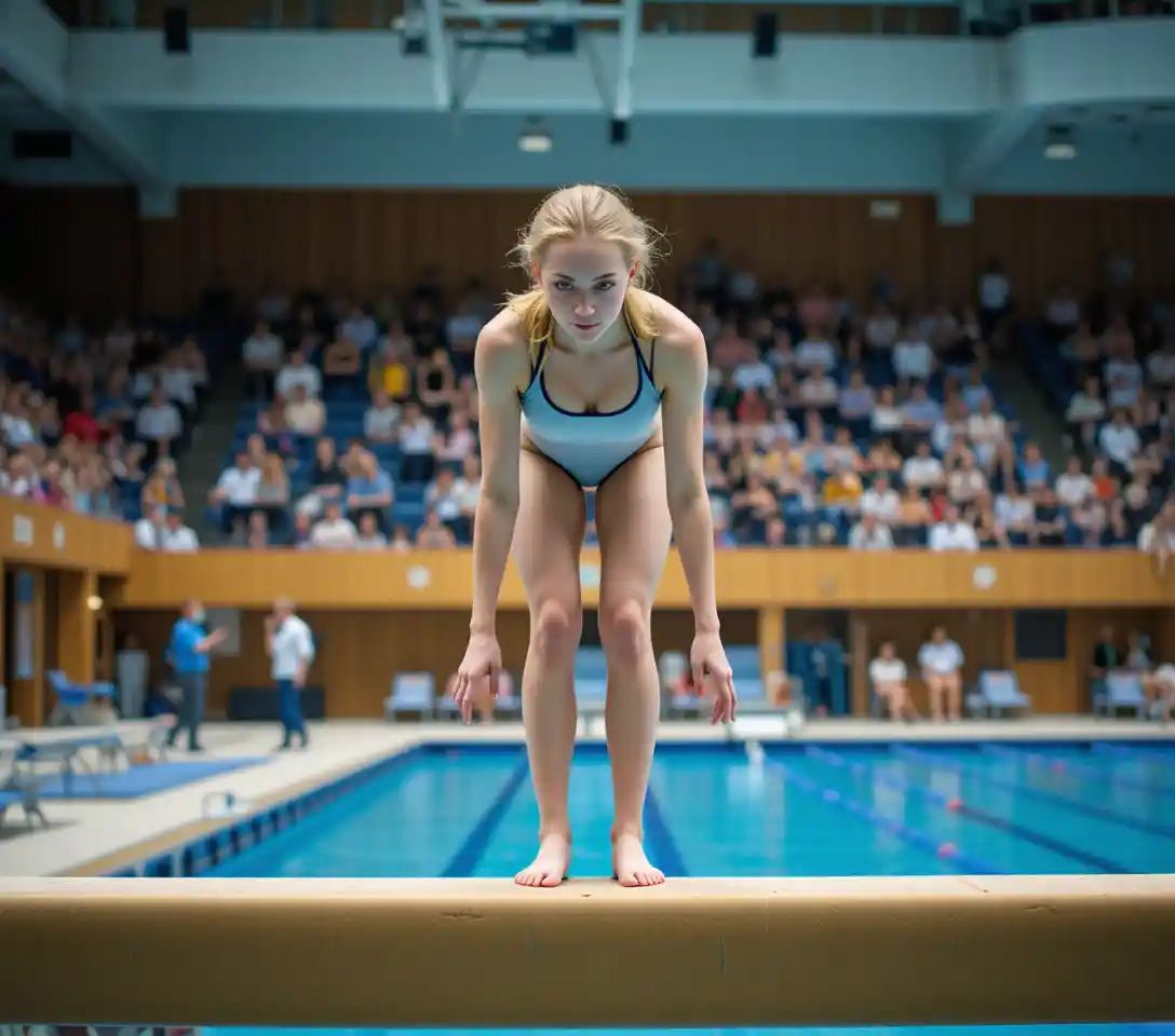 Young woman handstands on diving board above Olympic pool