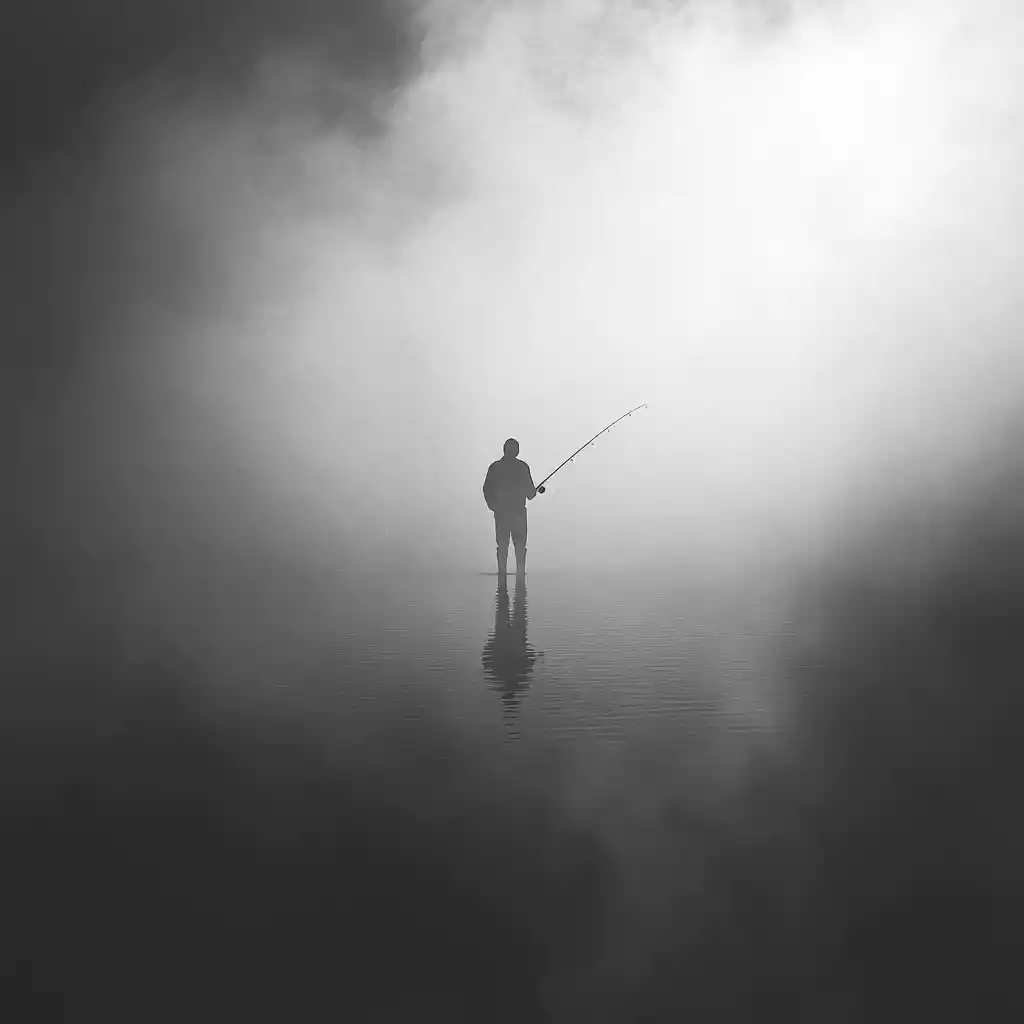 Surreal fisherman standing at the waters edge in mist