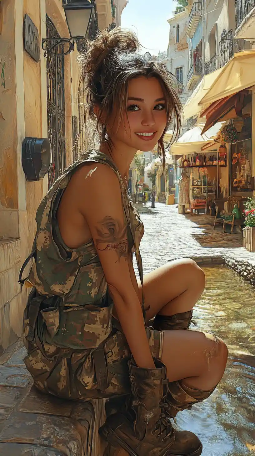 Smiling fantasy woman in camouflage on a Moroccan street