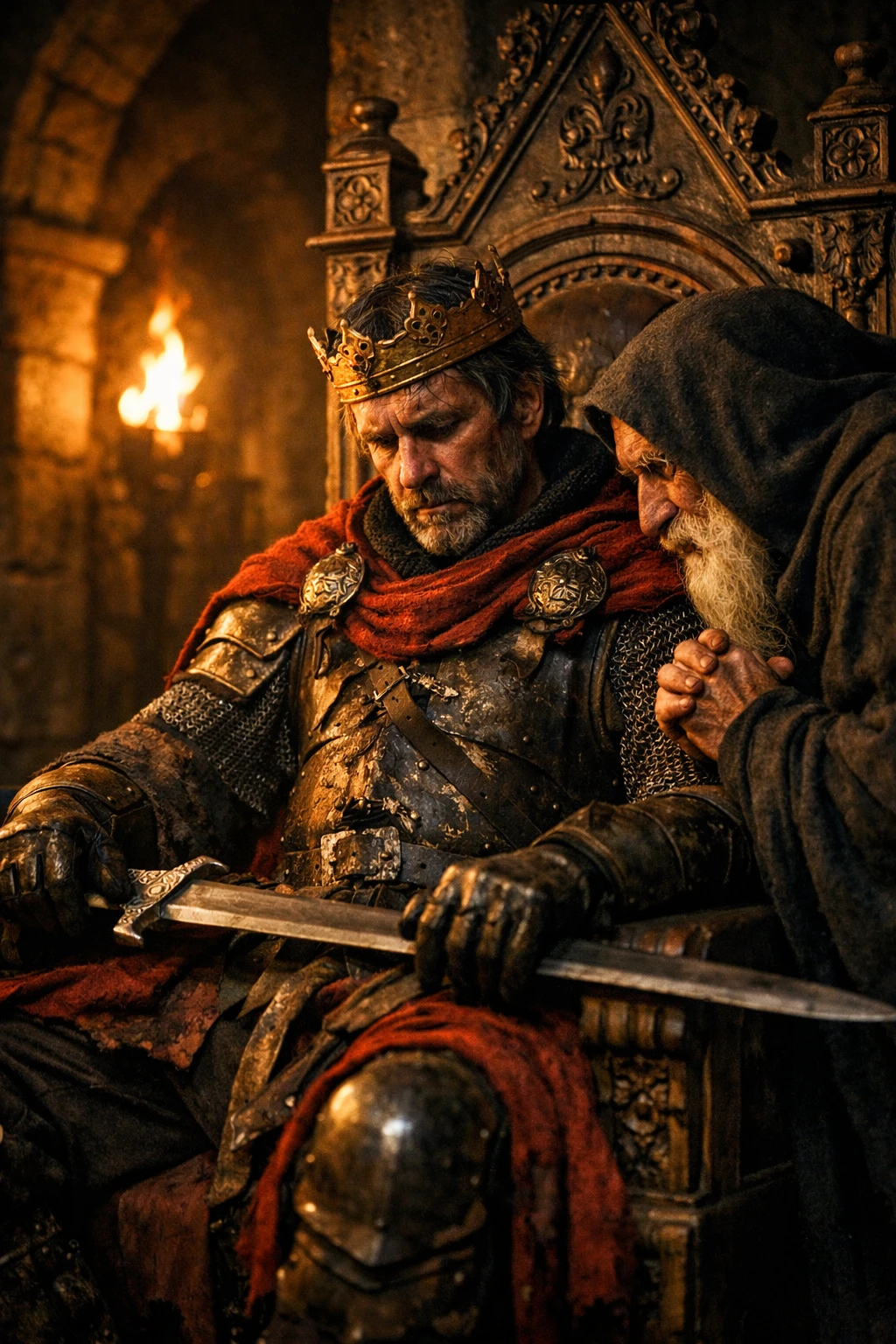 Weary medieval king on throne in dramatic torchlight