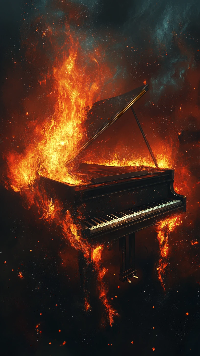 Piano de cola elevándose entre llamas y niebla en espiral