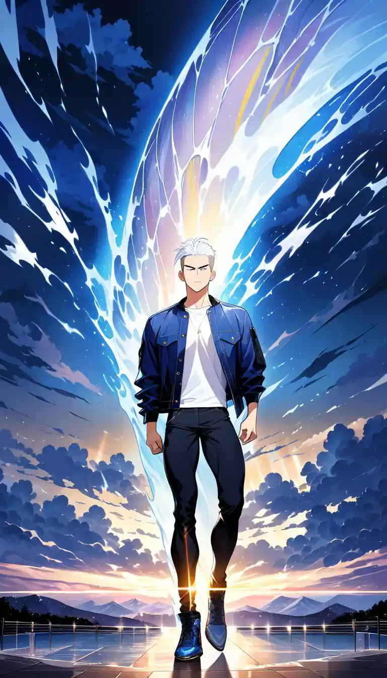 White haired anime man in stormy full body portrait