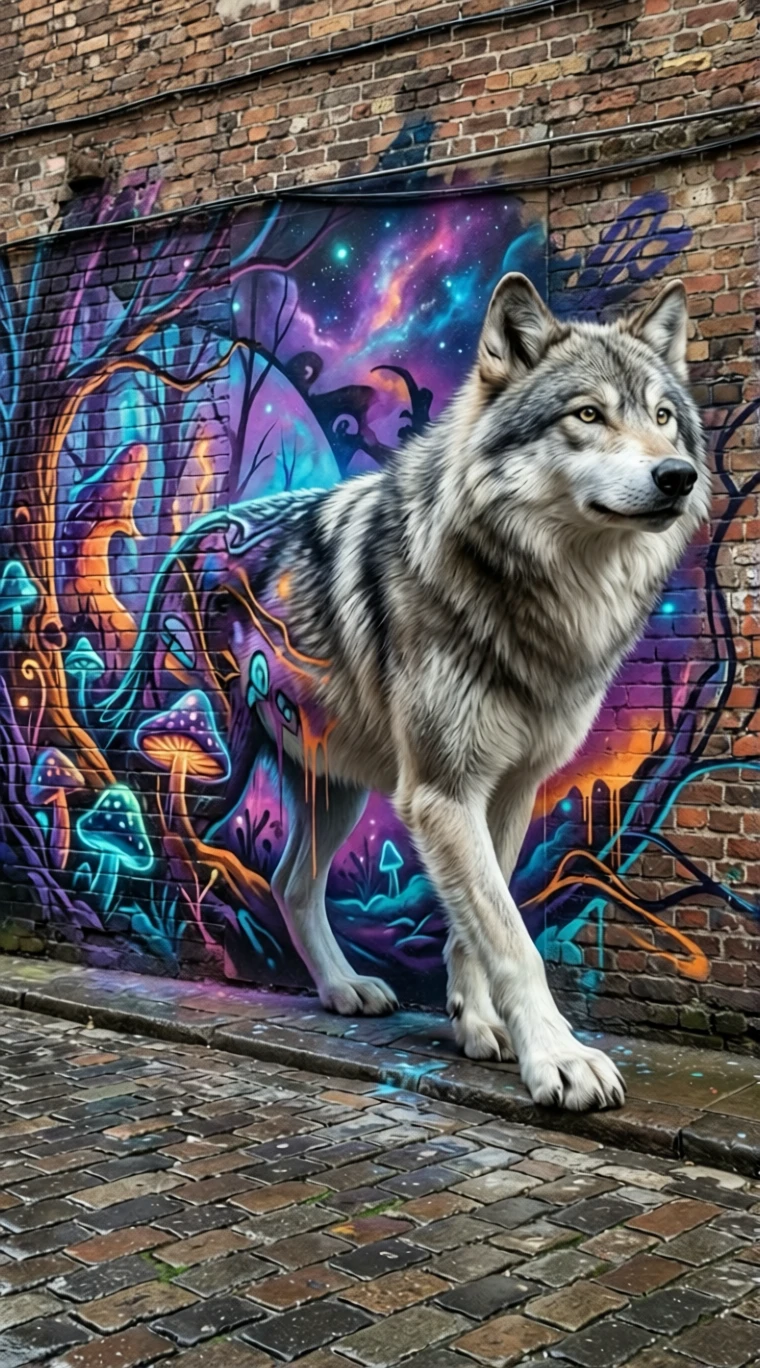 Grau-weißer Wolf, der aus einem Graffiti-Waldwandbild hervortritt