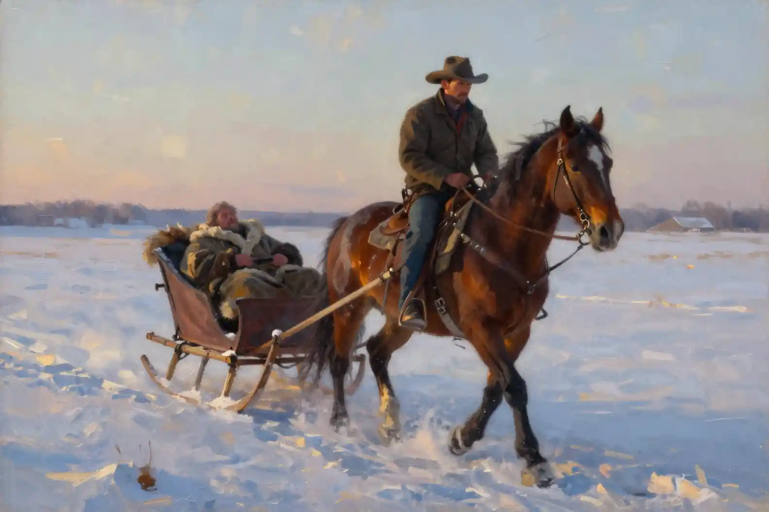 Vaquero arrastrando un trineo por la pradera nevada al atardecer
