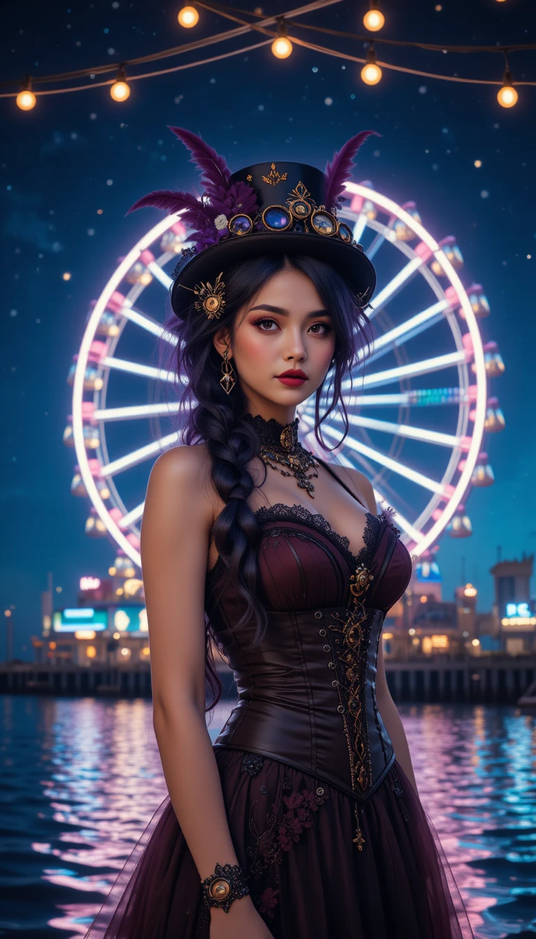 霓虹摩天輪前的蒸汽龐克女子與寧靜海面