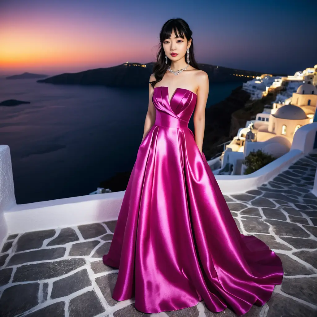 Joven japonesa elegante con vestido de satén fucsia de noche
