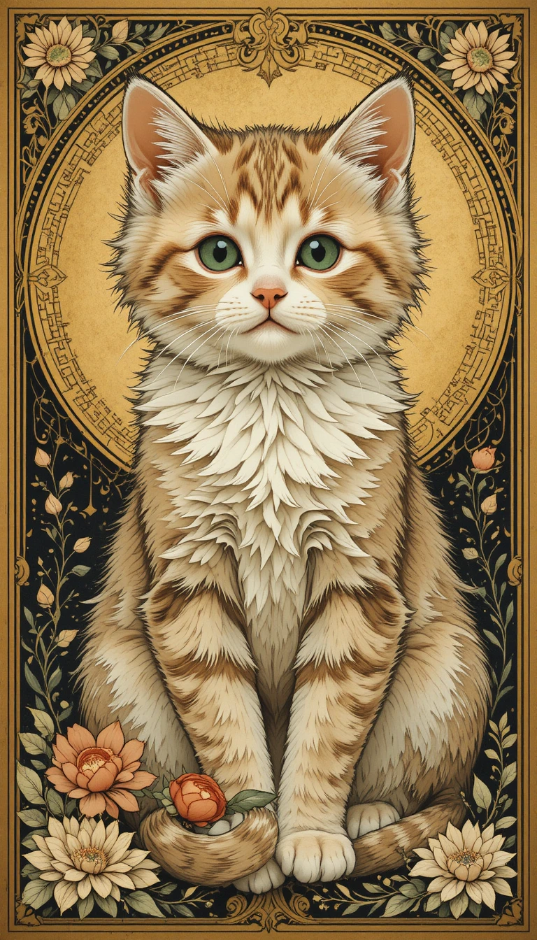 Lindo gatito sobre fondo art nouveau dorado y ornamentado
