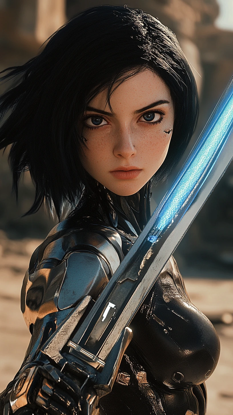 Cybernetic warrior woman raising a glowing energy sword