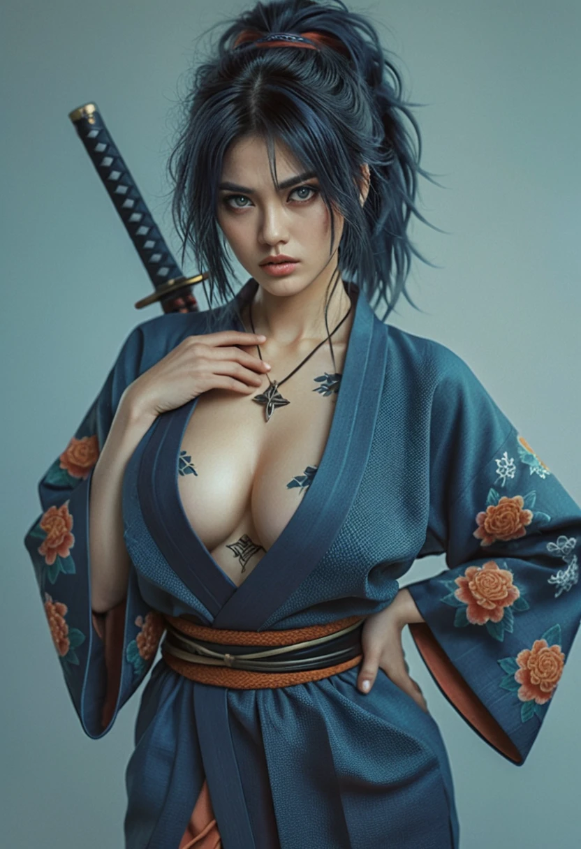 Cinematic portrait of tattooed kimono clad female warrior