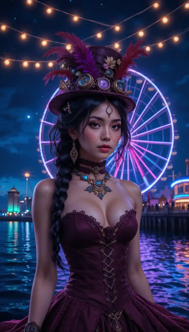 寧靜海面上霓虹摩天輪前的蒸汽龐克女子