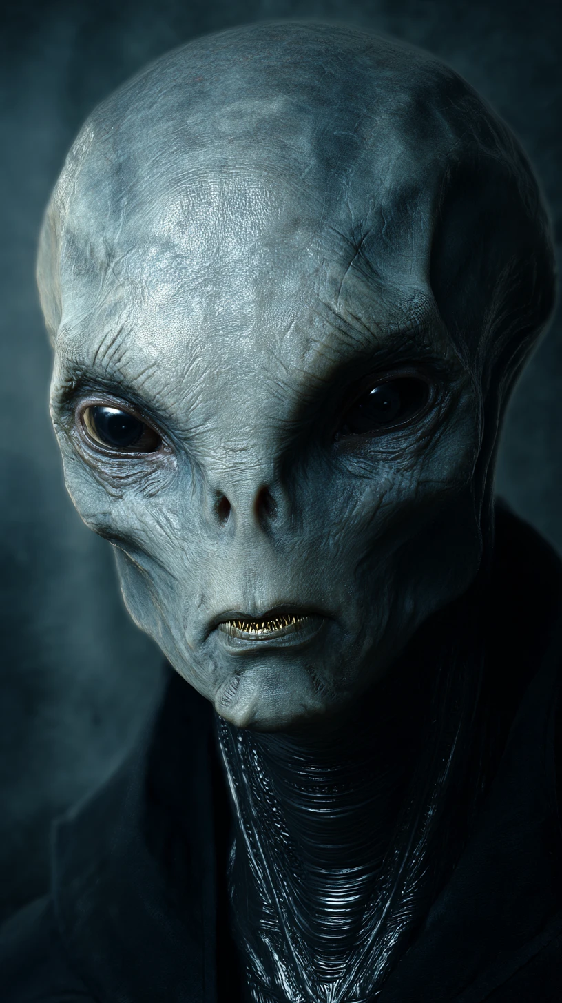 Sinister alien figure in glossy black suit portrait