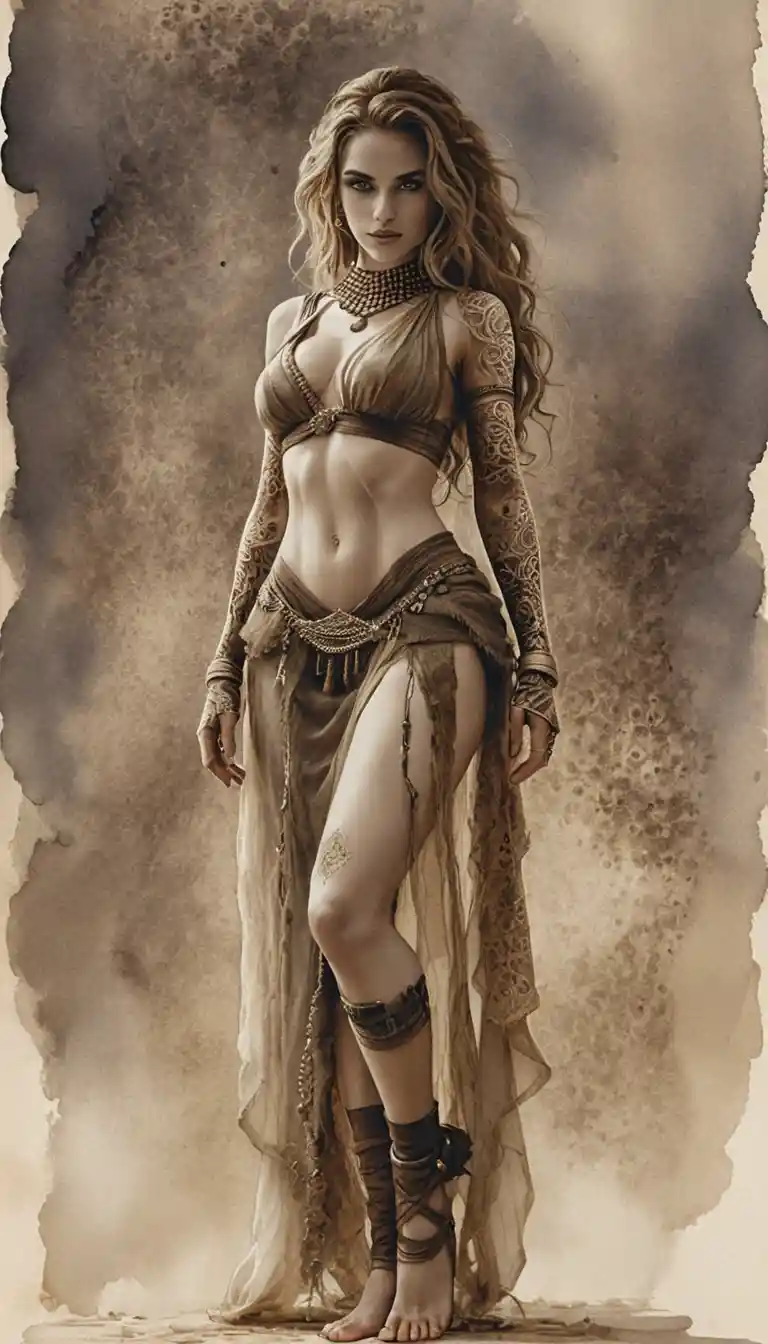 Sepia fantasy warrior woman in dramatic full body portrait