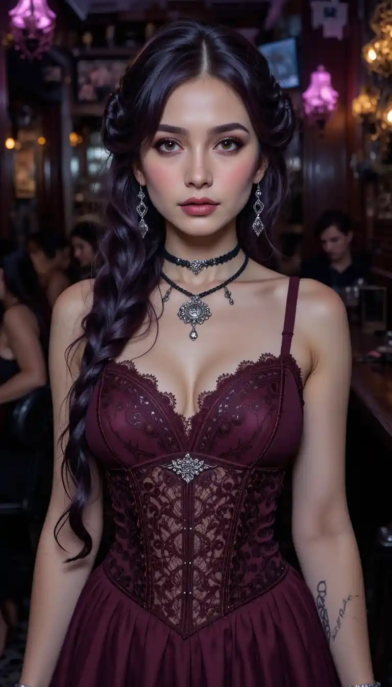 Gothic woman in burgundy dress inside a dim club