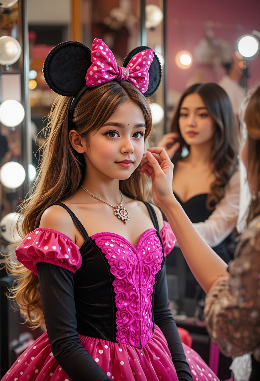 Niño con vestido de Minnie maquillándose en el probador de una boutique