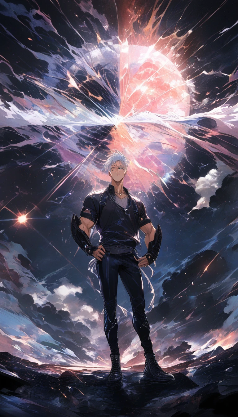 Homem de anime de cabelo branco em vento tempestuoso ao ar livre