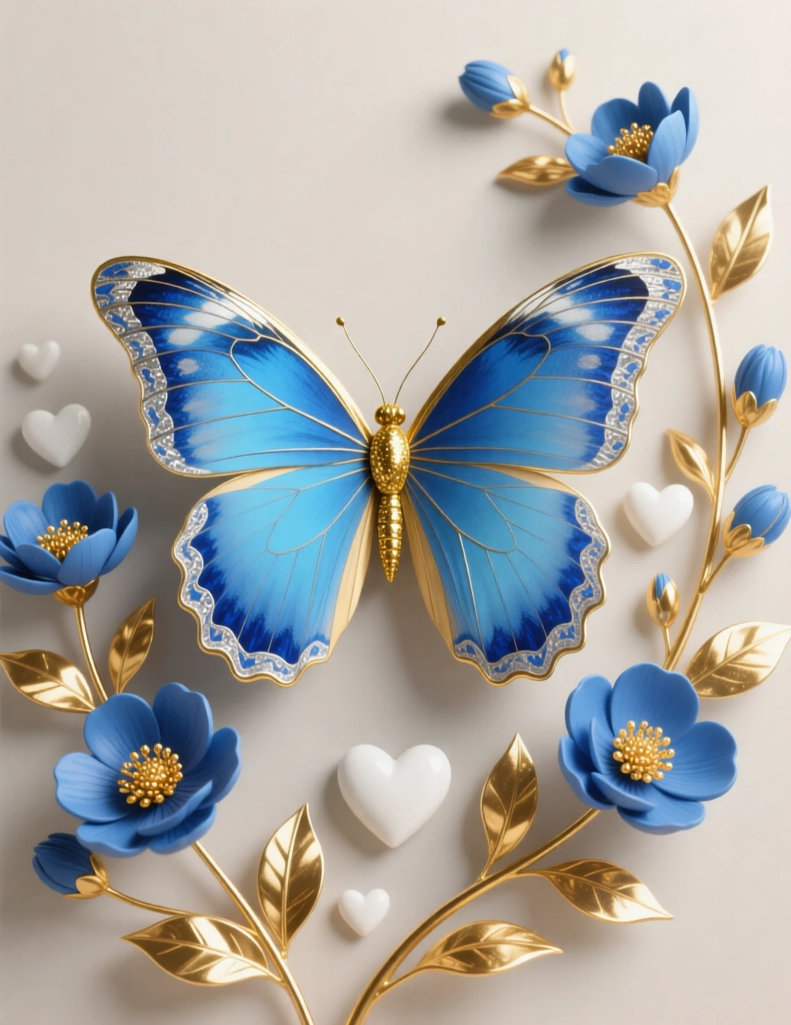 Blauer Schmetterling mit goldenen Blumenakzenten auf neutralem Hintergrund