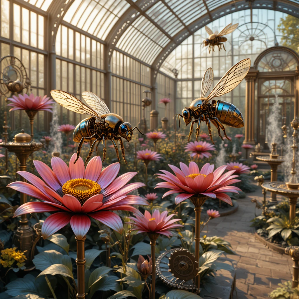 Steampunk mechanical bees in a glowing victorian greenhouse