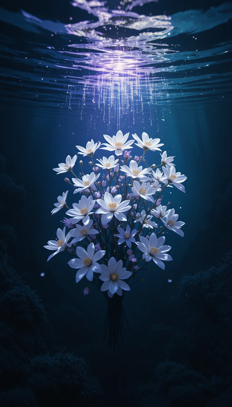 Flores brancas flutuam em um feixe de luz subaquático surreal